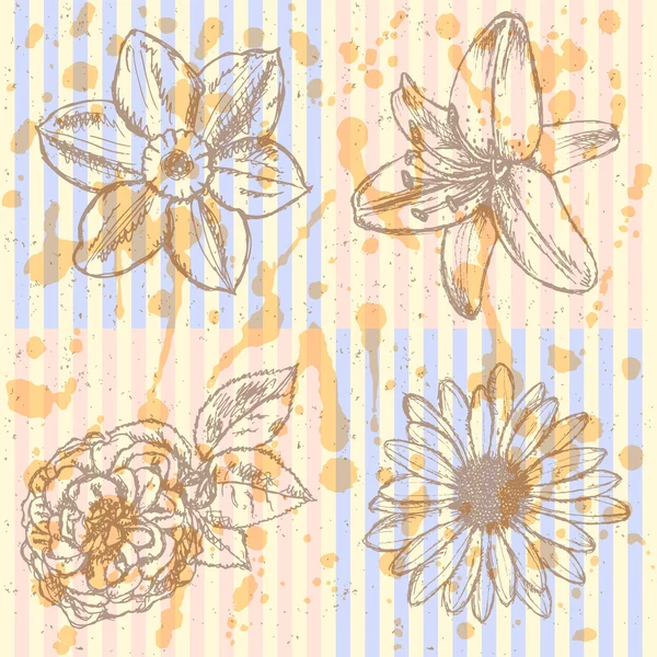 Lily, daisy och rose, narcissus skiss, vektor seamless mönster — Stock vektor