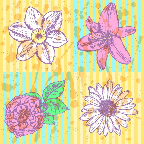 Lily, daisy en rose, narcissus sketch, vector naadloze patroon — Stockvector