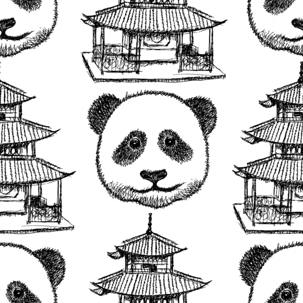 素描的华人庙宇和熊猫、 矢量无缝模式 — 图库矢量图片