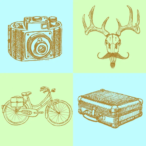 Cervo con baffi, valigia, bicicletta e macchina fotografica , — Vettoriale Stock