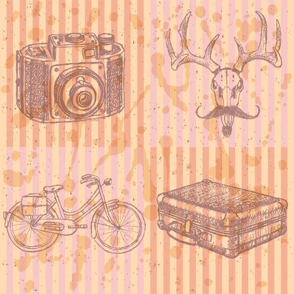 Sketsa rusa dengan kumis, koper, sepeda dan kamera foto , - Stok Vektor