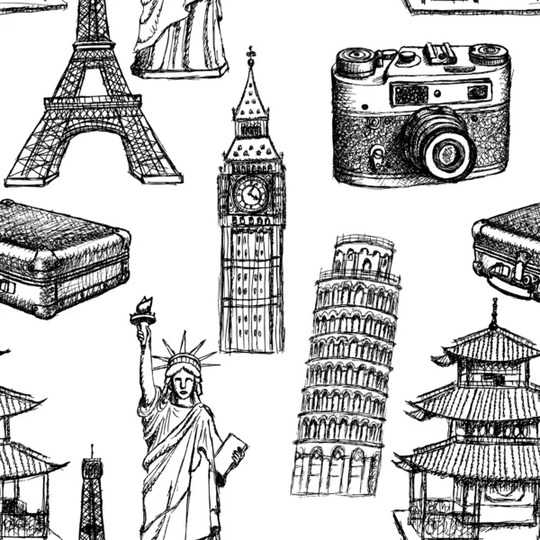 Bosquejo Torre Eiffel, Torre de Pisa, Big Ben, maleta, cámara fotográfica — Vector de stock