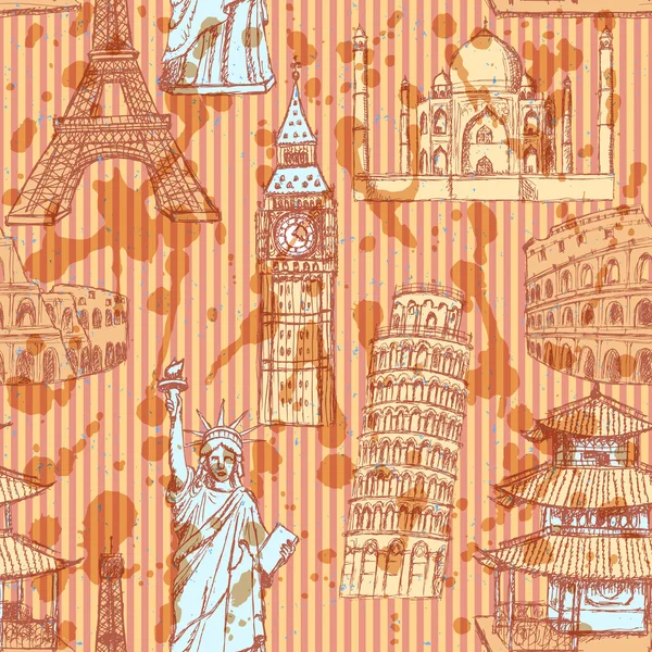 Bosquejo Torre Eiffel, Torre de Pisa, Big Ben, Taj Mahal, Coliseo, C — Vector de stock