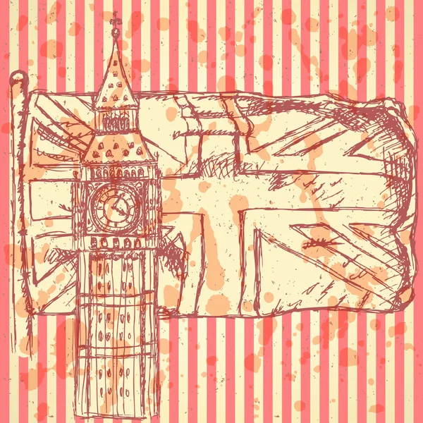 Boceto Big Ben en baldosas con la bandera del Reino Unido, vector de fondo — Vector de stock