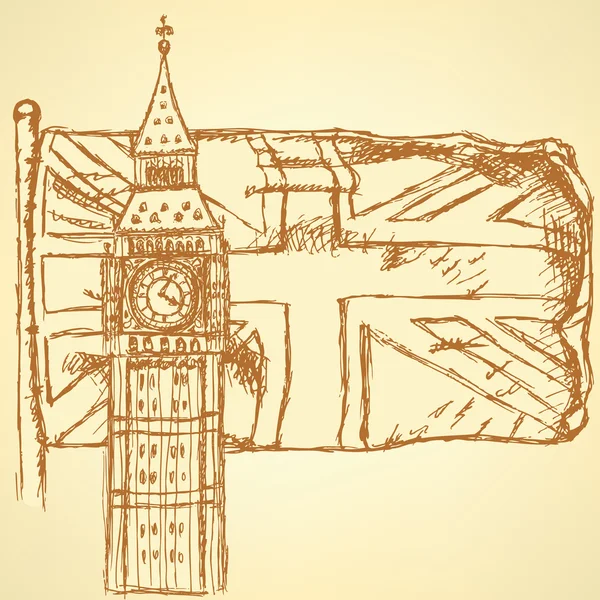 Sketch Big Ben on tile with UK flag, vector  background — Stock Vector