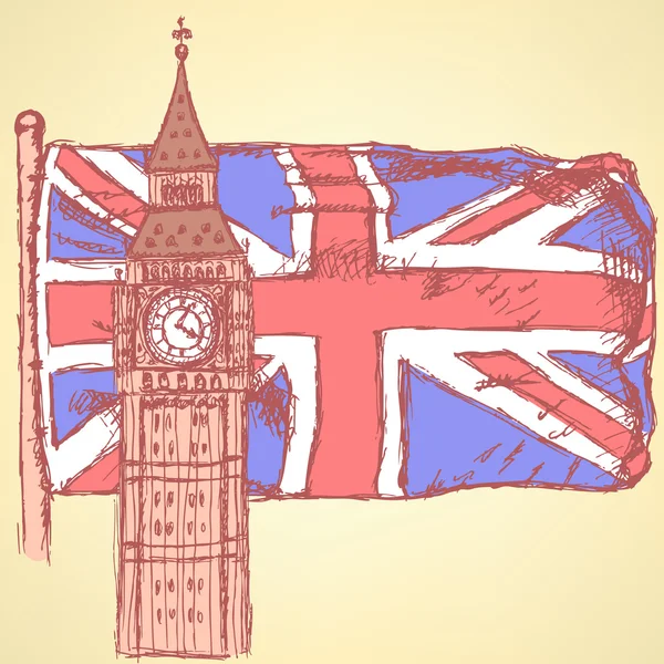 Boceto Big Ben en baldosas con la bandera del Reino Unido, vector de fondo — Vector de stock