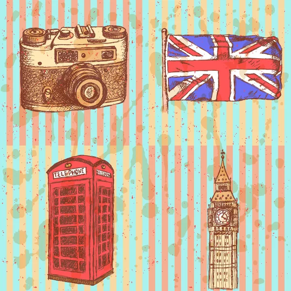 Sketch photo camera, phone cabin, UK flag and Big Ben, vector  b — Stock Vector