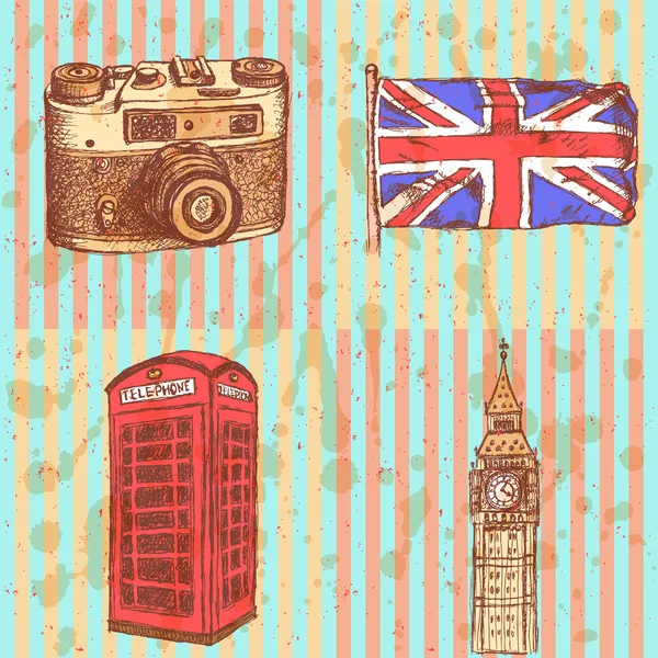 Skizze Fotokamera, Telefonzelle, UK-Flagge und Big Ben, Vektor b — Stockvektor