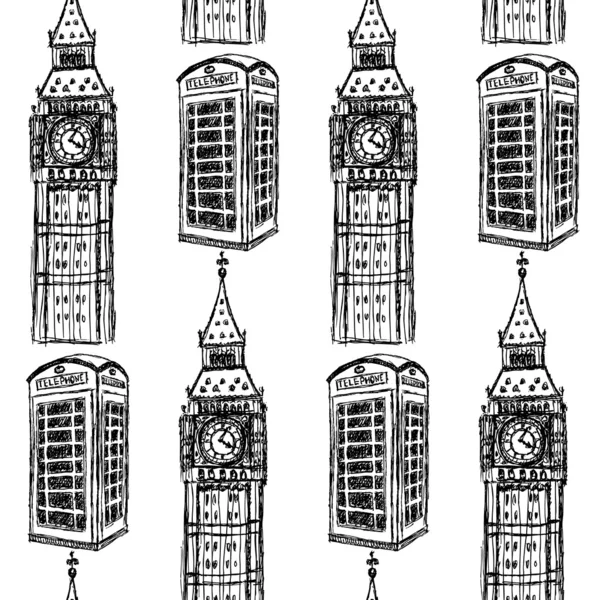 Sketch Big Ben and phone cabin, vector  seamless pattern