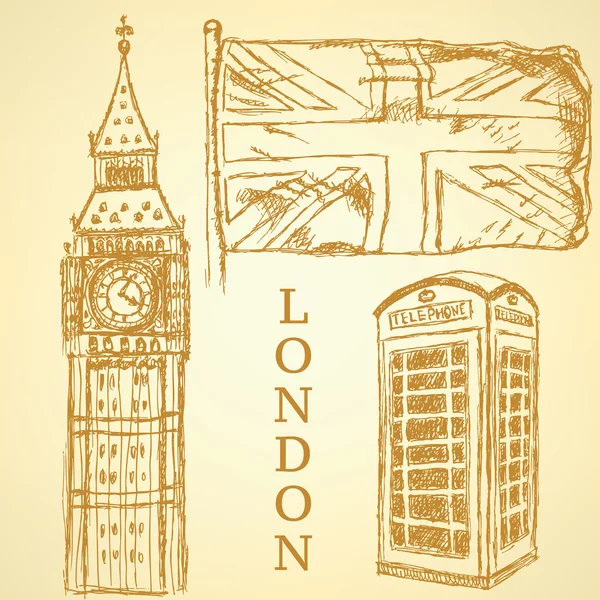 Sketch Big Ben, Bandeira do Reino Unido e cabine telefônica, fundo vetorial —  Vetores de Stock