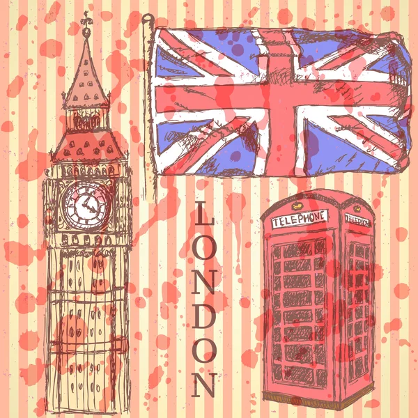 Croquis Big Ben, drapeau britannique et cabine téléphonique, arrière-plan vectoriel — Image vectorielle