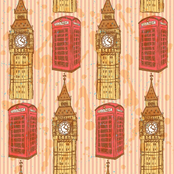 Sketch Big Ben and phone cabin, vector  seamless pattern — Stock Vector