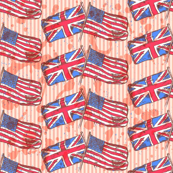 Sketch UK and USA flags, vector  seamless pattern — Stock Vector