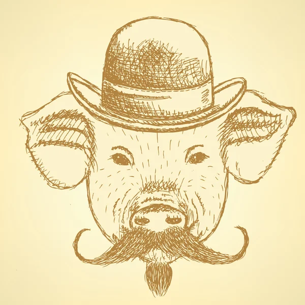Skiss gris i hatt med mustche, vektor AKGRUND — Stock vektor
