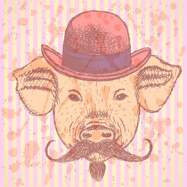 Boceto de cerdo en sombrero con mustche, vector ackground — Archivo Imágenes Vectoriales