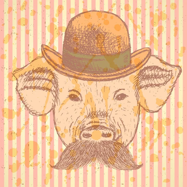 Sketch Schwein im Hut mit Schnurrbart, Vektor — Stockvektor