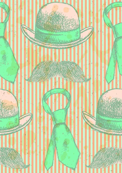 Croquis chapeau, cravate et moustache, motif vectoriel sans couture — Image vectorielle