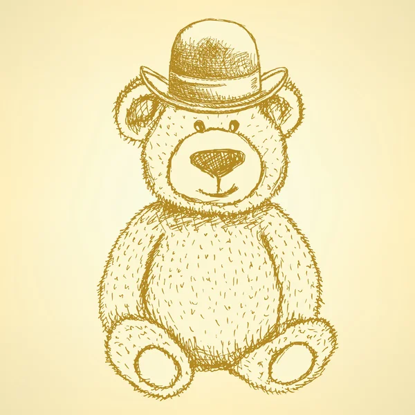 Sketch Teddy bear in hat, vector background — Stock Vector