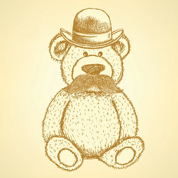 Boceto osito de peluche en sombrero con bigote, fondo vectorial — Vector de stock