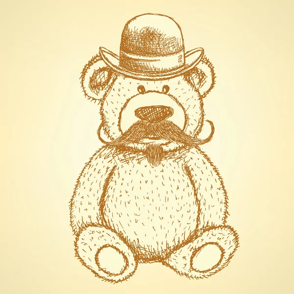 Boceto osito de peluche en sombrero con bigote, fondo vectorial — Vector de stock