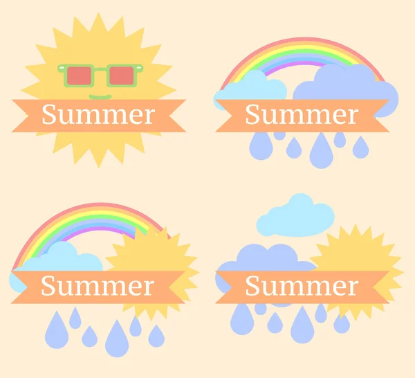 Фон с солнцем, облаками, радугой и дождём — стоковый вектор