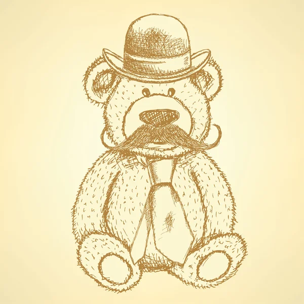 Boceto osito de peluche en sombrero y corbata con bigote, fondo vectorial — Vector de stock