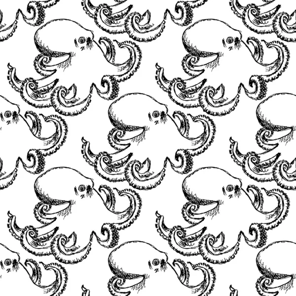 Sketch octopus, vector vintage seamless pattern — Stock Vector