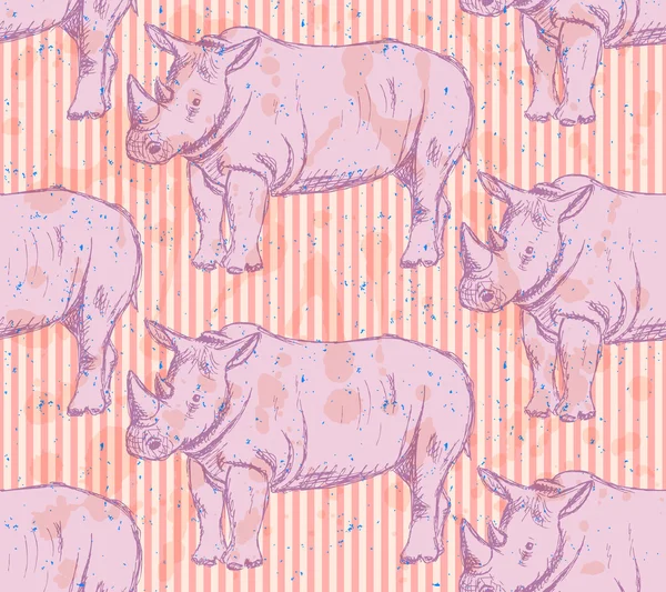 Sketch wild rhino, vector seamless pattern — Stock Vector