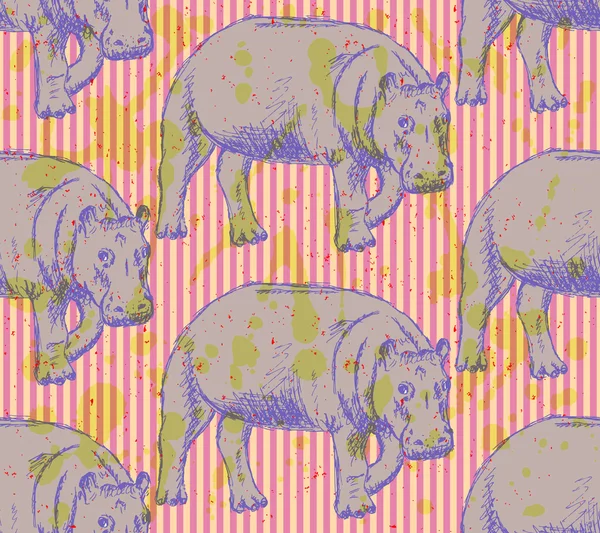 Esquisse hippopotame, motif vintage sans couture vectoriel — Image vectorielle