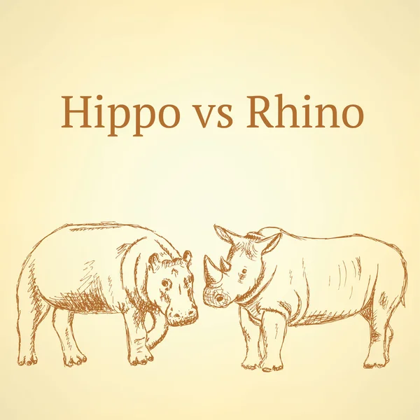 Sketch hippo vs rhino, vector seamless pattern eps 10 — Stock Vector