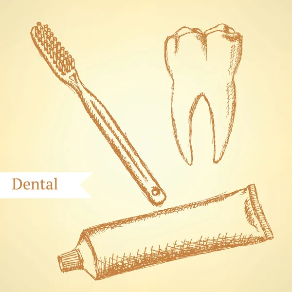 Vázlat a fogkrém, a fogkefével és a fogak, vektor háttér — Stock Vector
