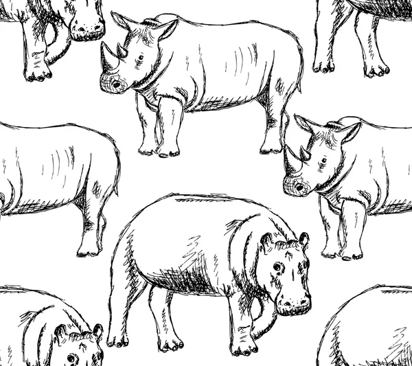Schizzo ippopotamo e rinoceronte, modello vettoriale senza soluzione di continuità — Vettoriale Stock