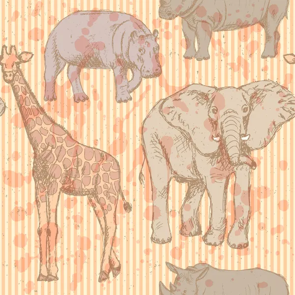 Sketch elephant, rhino, giraffe and hippo, vector seamless patte — Stock Vector