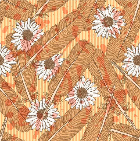 Náčrt peří a daisy, vektorové bezešvé pattern — Stockový vektor