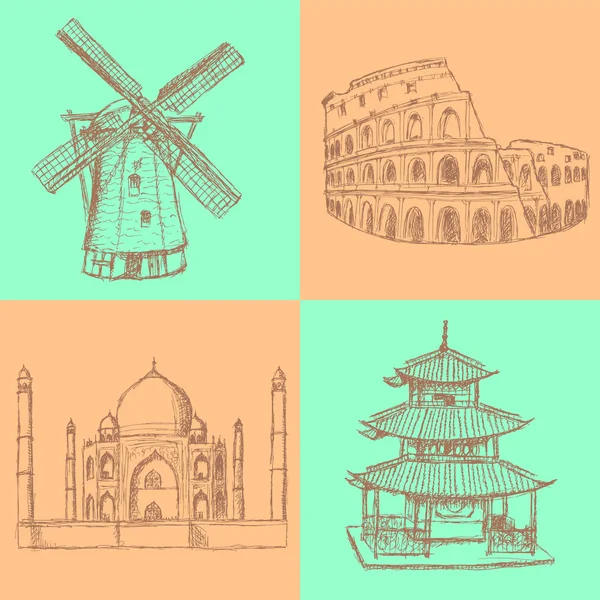 Bosquejo edificios históricos, vector de fondo vintage — Vector de stock