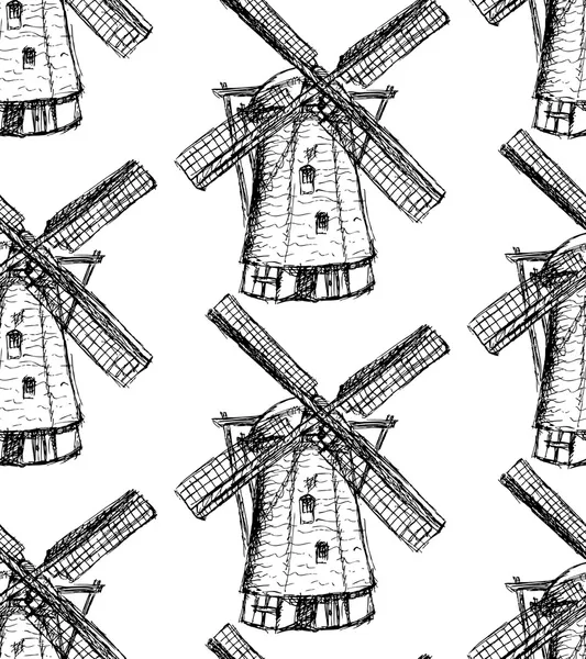 Sketch Holand windmill, vector seamless pattern — Stock Vector