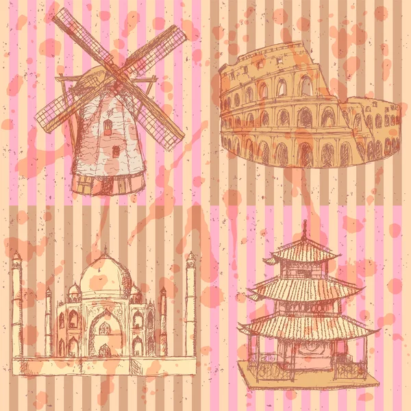 Bosquejo edificios históricos, vector de fondo vintage — Vector de stock