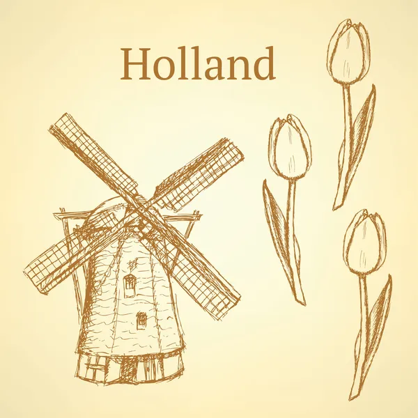 네덜란드의 풍차와 튤립, 벡터 배경 스케치 — 스톡 벡터