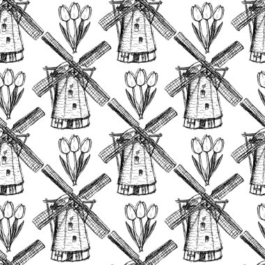 Kroki Lale ve yel değirmeni, vektör seamless modeli