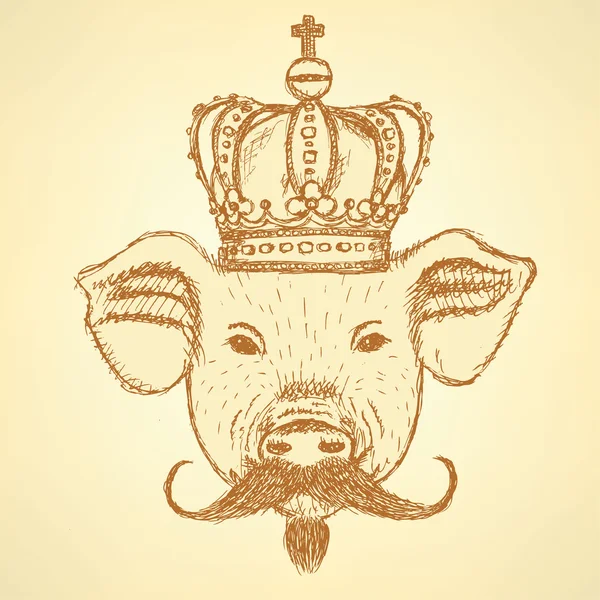 Boceto de cerdo en corona con bigote, fondo vectorial — Archivo Imágenes Vectoriales