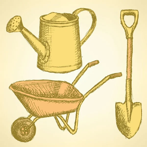 Sketchwatering can, kürek ve barrow, vektör arka plan — Stok Vektör