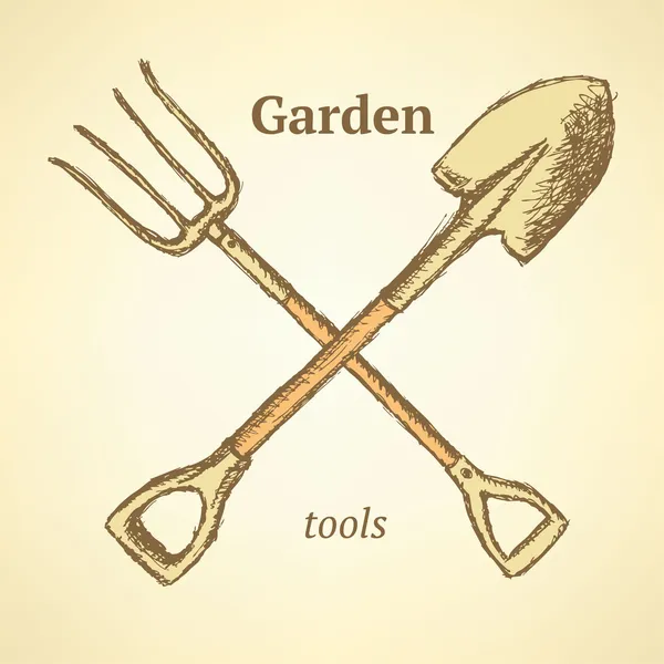 Tuin vork en schop, achtergrond in schets stijl — Stockvector