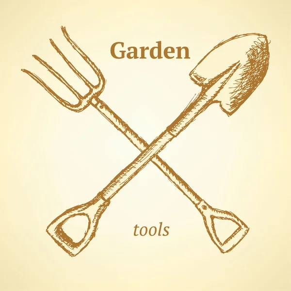 Tuin vork en schop, achtergrond in schets stijl — Stockvector