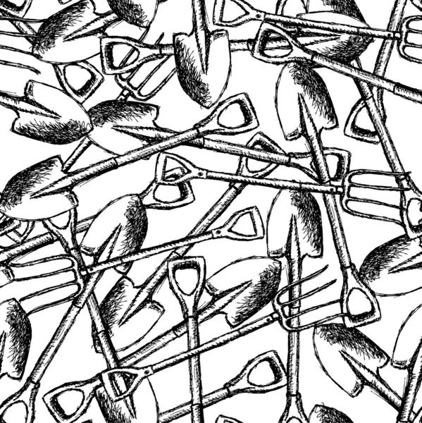 Sketch garden shovel and fork, vector  seamless pattern — Stock Vector