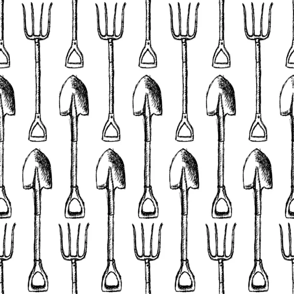 Schets tuin schop en vork, naadloze patroon vector — Stockvector