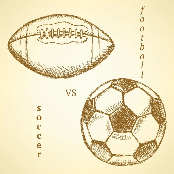 Σκίτσο ποδόσφαιρο έναντι αμερικανικό ποδόσφαιρο μπάλα — Διανυσματικό Αρχείο