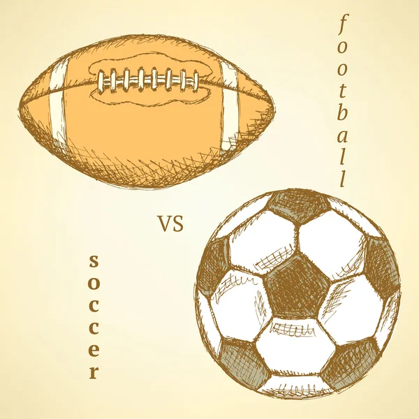 Náčrtek fotbal versus americký fotbalový míč — Stockový vektor