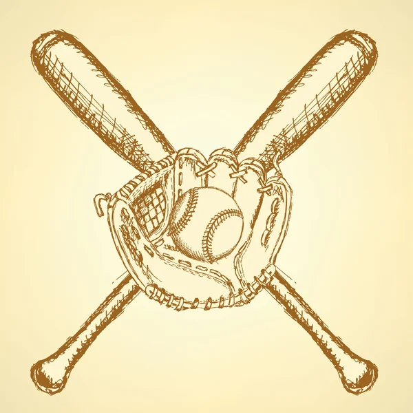 Croquis balle de baseball, gant et batte — Image vectorielle