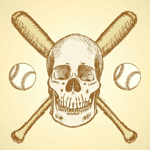 Schiță baseball, liliac și scull — Vector de stoc