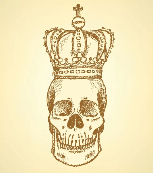 Sketch skull in crown,  vintage background — Stock Vector